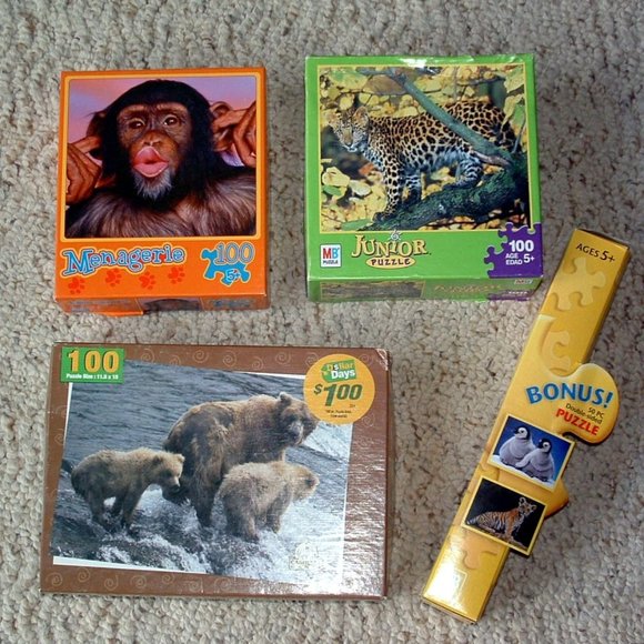 Set of 4 100 Piece Jigsaw Puzzles - Jungle Animal Themed - Picture 1 of 1